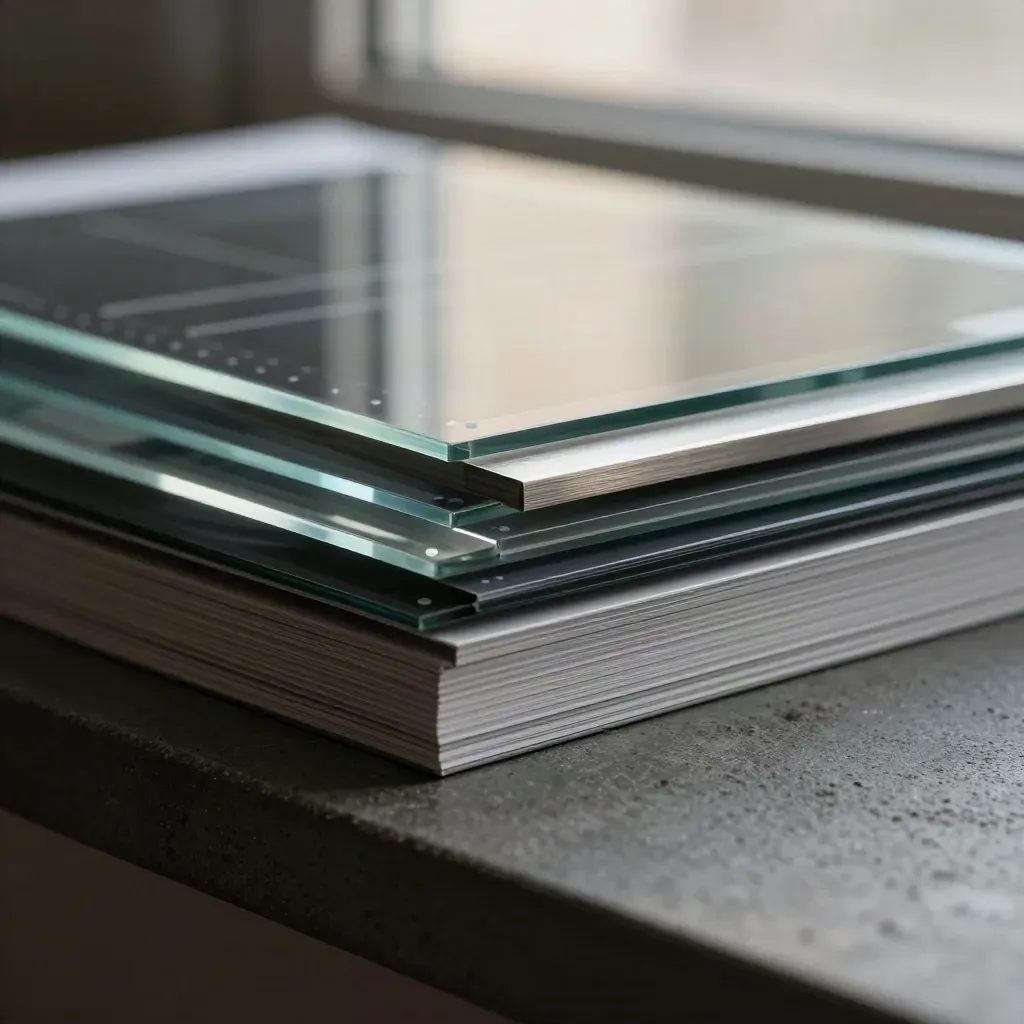 Glassy analytics sheets and metal divider on a charcoal stone surface under cool light.