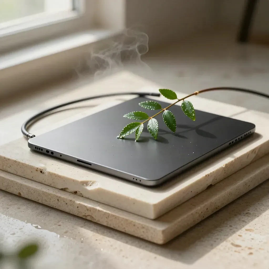 SEO sprint kit with boards, dark device, cable and green sprig on damp stone in soft studio light.