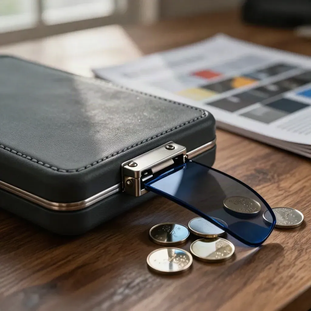 Dark audit kit with mirrored tokens and clear wedge on a walnut surface